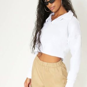White Collar Polo Long Sleeve Crop Top